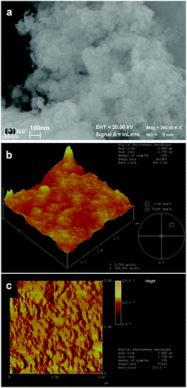 SEM (a) and AFM analysis (b and c) of mechanochemically synthesized ZnS(M).350